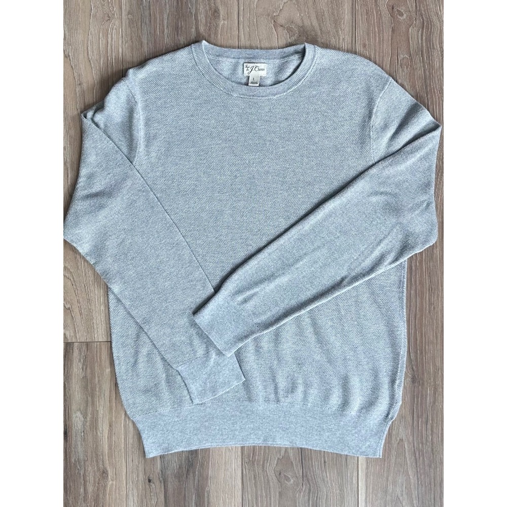 J.Crew Mens Cotton Crewneck Sweater Heather Light Grey Textured Knit Size L